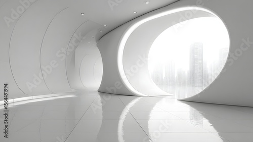 Minimal white interior with curved walls and ambient lighting