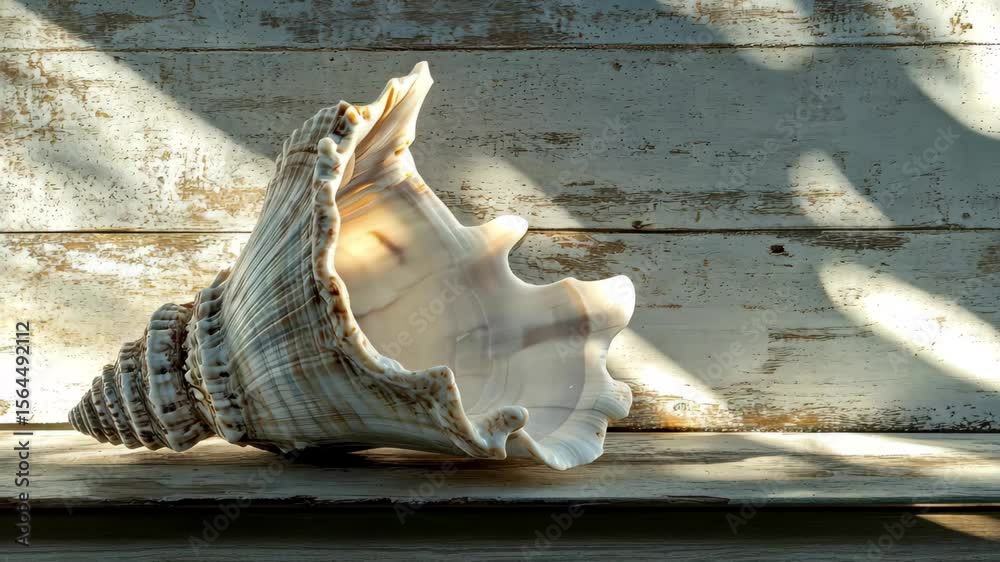 Large conch shell resting on weathered wooden surface with soft light and shadows, Large conch shell resting on weathered wooden surface, illuminated by soft natural light
