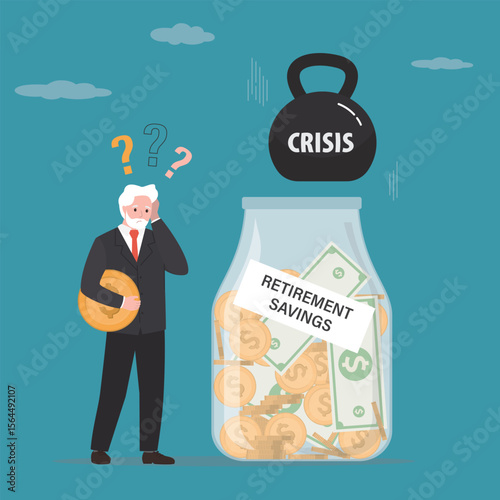 Crisis weight kettlebell fall on glass jar with savings. Unhappy elderly man watches savings being destroyed. Inflation or crisis destroys pension or retirement savings.