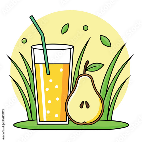 Pear juice drink with straw and fruit slice glass