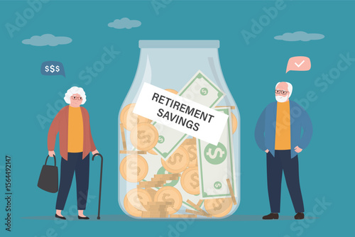 Happy grandparents near glass jar with retirement savings. Pension fund, bank deposit. Passive income secure. Elderly people with money for decent old age