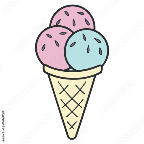 Pink and blue ice cream scoops in waffle cone dessert