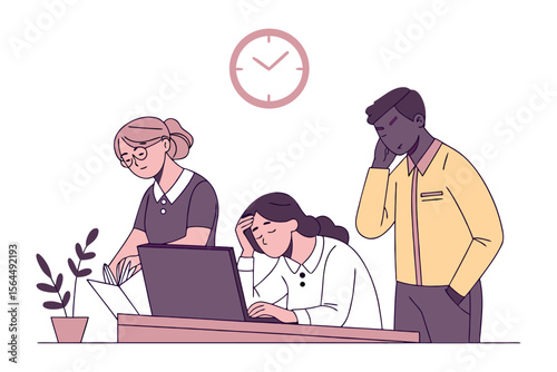 Diverse team members experiencing workplace stress and fatigue under a ticking clock highlighting deadlines and demanding work environments