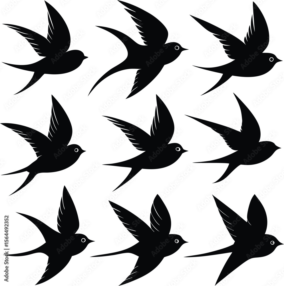 Fototapeta premium Swallow Bird Silhouettes: Flying Swallows Vector Art, Black & White Graphic Design, Bird Illustration