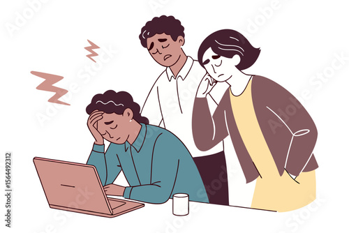 Three stressed colleagues feeling overwhelmed and exhausted while working together on a difficult project in an office setting