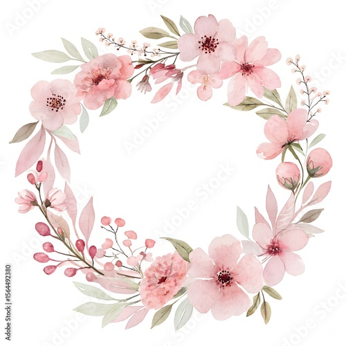 A delicate watercolor wreath of soft pink flowers and leaves creates a romantic and elegant circular frame, perfect for spring or summer designs