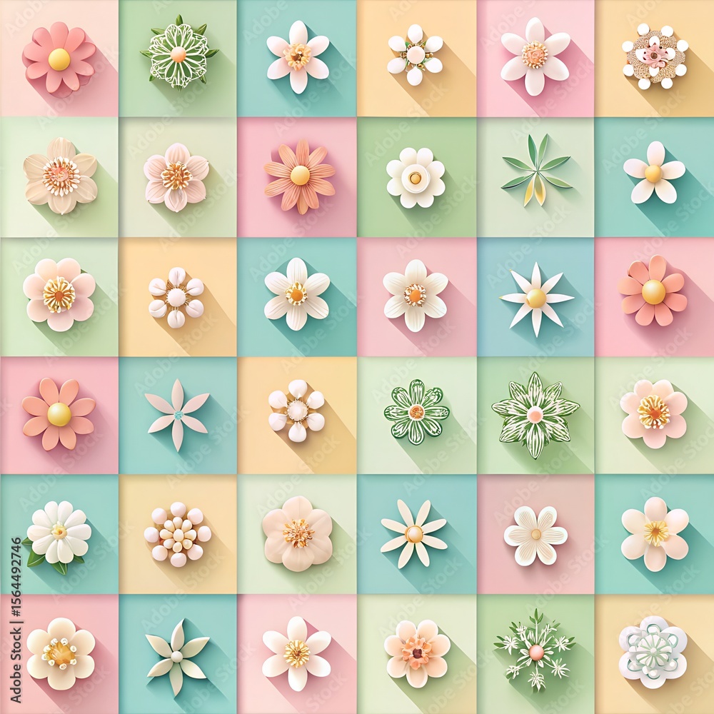 Fototapeta premium A cheerful collection of pastel flowers in a repeating pattern creates a vibrant background