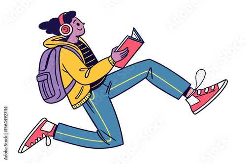 Joyful student with headphones and backpack reads a book while dynamically jumping embodying enthusiasm for learning and music