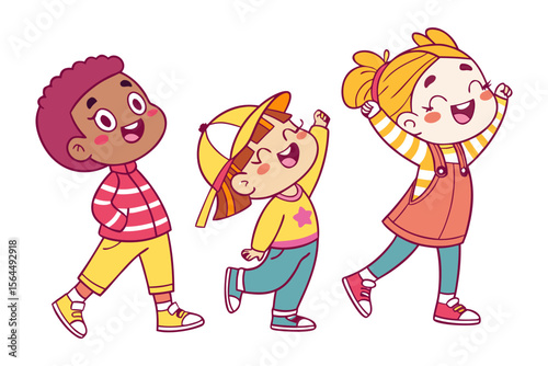 Three diverse cartoon children joyfully dancing and expressing excitement with big smiles and raised hands against a white background