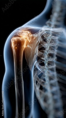 Human skeleton showing painful shoulder joint highlighted, x-ray style rendering