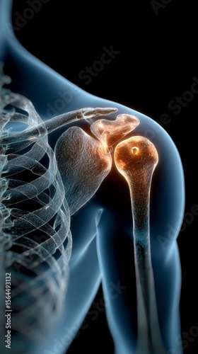 Medical illustration showing the shoulder joint with pain and inflammation, highlighted in orange
