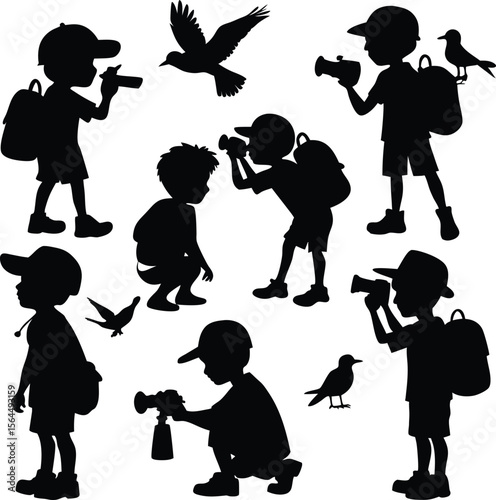 Silhouette Art: Kids Birdwatching with Binoculars, Backpacks, and Birds Vector Illustration