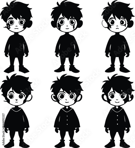 Cartoon Boy Character Silhouettes: Sad, Cute, Anime Style Vector Illustration for Design Projects