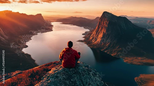 Hiker enjoying breathtaking views of Senja fjord during midnight sun in Norway, Hiker overlook Senja Norway fjord in midnight sun on mountain top; drone reveal