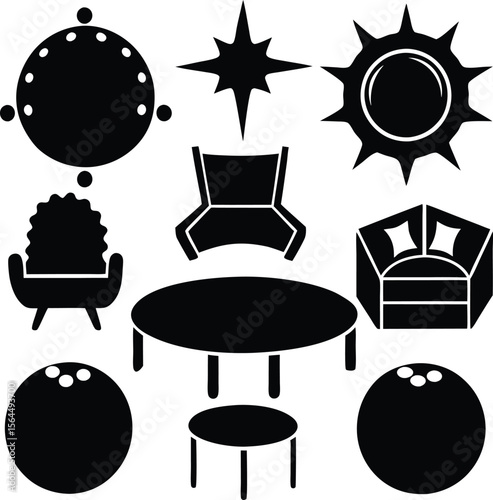 Black & White Furniture Icons: Armchair, Sofa, Table, Star, Sun, Bowling Ball Vector Graphics
