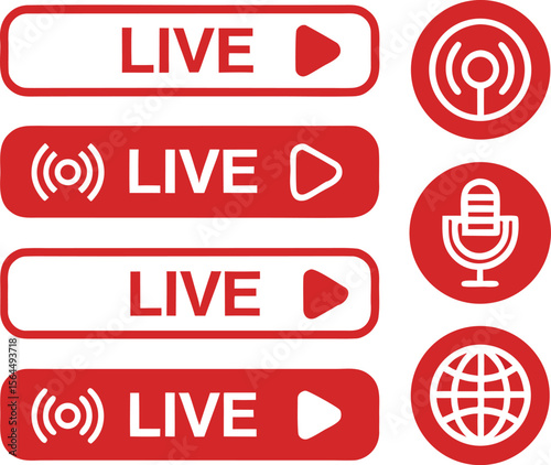Live streaming red icon set. live broadcasting buttons and symbols. online stream icons. live stream logo. vector.cyberspace, event, label, sticker, television, red, sign, vector, badge, buttons, cut 