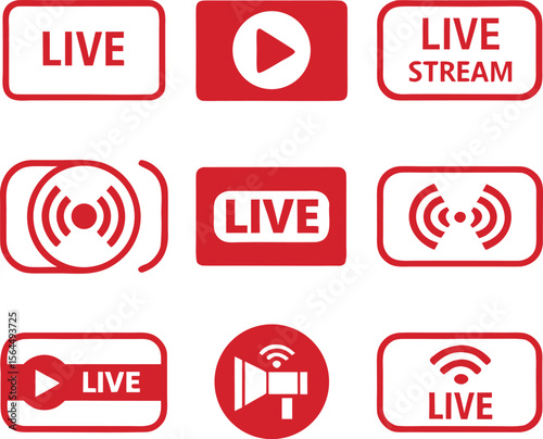 Live streaming red icon set. live broadcasting buttons and symbols. online stream icons. live stream logo. vector.cyberspace, event, label, sticker, television, red, sign, vector, badge, buttons, cut 