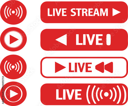 Live streaming red icon set. live broadcasting buttons and symbols. online stream icons. live stream logo. vector.cyberspace, event, label, sticker, television, red, sign, vector, badge, buttons, cut 