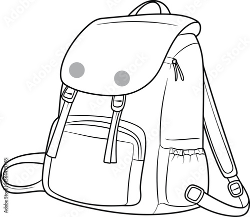 Backpack Design Sketch: Front View with Flap Closure and Side Pocket, Fashion Illustration for Casual Bags
