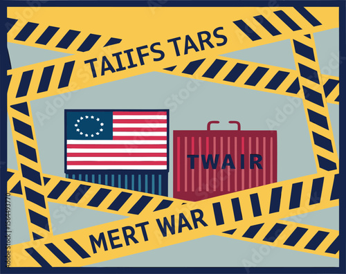 Tariffs yellow tape frame. Import tax conflict or trade war background. Transparent PNG and vector.america, commerce, duty, economy, export, finance, global, graphic, import, overlay, poster, ribbon, 