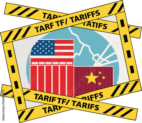 Tariffs yellow tape frame. Import tax conflict or trade war background. Transparent PNG and vector.america, commerce, duty, economy, export, finance, global, graphic, import, overlay, poster, ribbon, 