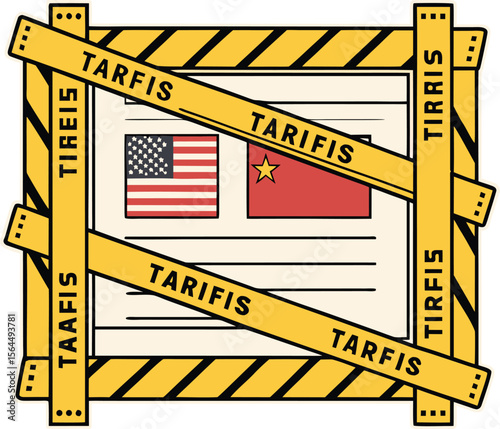 Tariffs yellow tape frame. Import tax conflict or trade war background. Transparent PNG and vector.america, commerce, duty, economy, export, finance, global, graphic, import, overlay, poster, ribbon, 