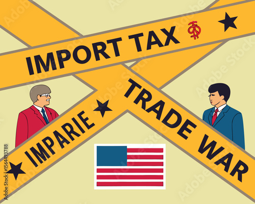 Tariffs yellow tape frame. Import tax conflict or trade war background. Transparent PNG and vector.america, commerce, duty, economy, export, finance, global, graphic, import, overlay, poster, ribbon, 