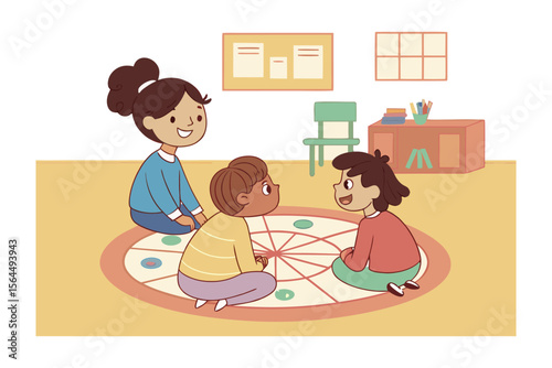 Three diverse children happily sitting together on a colorful circular rug engaged in a group activity or game in a bright classroom setting