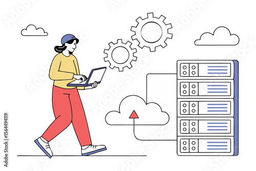 Person with laptop interacting with cloud server rack and gears illustrating data management and system operations