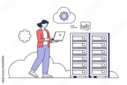 A person uses a laptop to manage cloud data and server infrastructure visualizing data trends and system operations