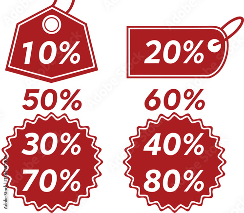 discount sticker product red tag set. shopping discount label badge with 10, 20, 30, 40, 50, 60, 70, 80 percent off. vector.discount, advertisement, badge, emblem, label, merchandise, message, off,