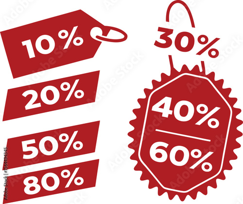 discount sticker product red tag set. shopping discount label badge with 10, 20, 30, 40, 50, 60, 70, 80 percent off. vector.discount, advertisement, badge, emblem, label, merchandise, message, off,