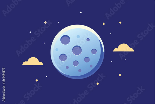 A stylized illustration of a full moon surrounded by stars and clouds in a dark night sky.