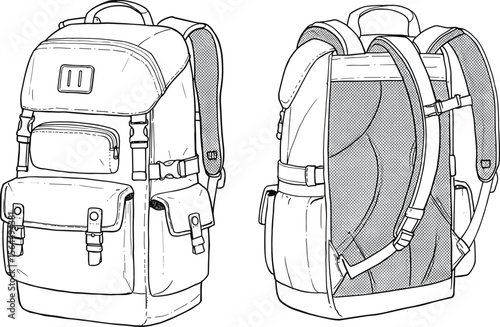 Detailed line art of multi-pocket backpack front and back view, black and white school travel hiking gear bag illustration drawing