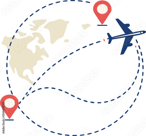 round trip travel concept. plane travelling from start point to end point with dotted line tracing. trip planning vector symbol on transparent.aeroplane, flight, fly, graphic, map, path, round, 