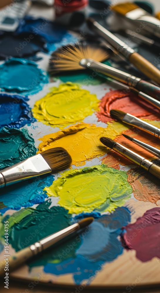 Obraz premium Vibrant Gouache Paint Palette with Artistic Brushes for Creative Painting and Color Mixing