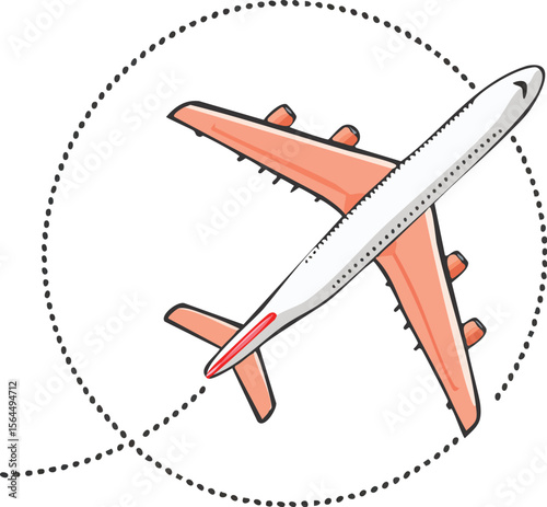 round trip travel concept. plane travelling from start point to end point with dotted line tracing. trip planning vector symbol on transparent.aeroplane, flight, fly, graphic, map, path, round, 