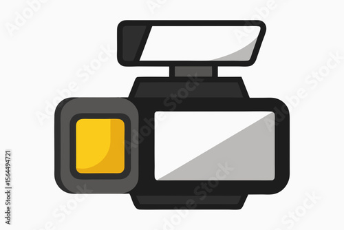 Stylized illustration of a modern black digital camera with a pop up flash