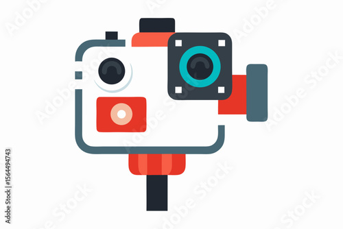 Modern action camera with multiple lenses and stabilizer mount