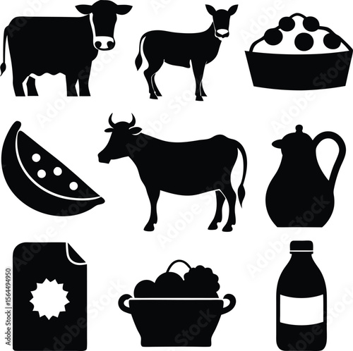 Black & White Dairy Farm Icons: Cow, Milk, Fruit Pie, Watermelon, Creamer, Bottle, Certificate