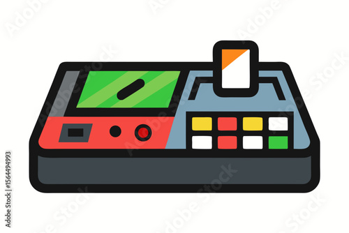 Modern point of sale terminal with colorful buttons and receipt printer