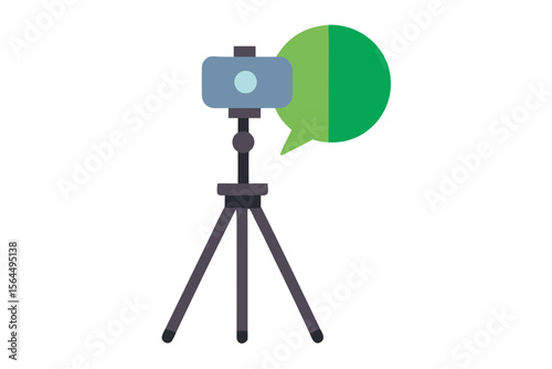 Camera on a tripod with a speech bubble representing communication and content creation