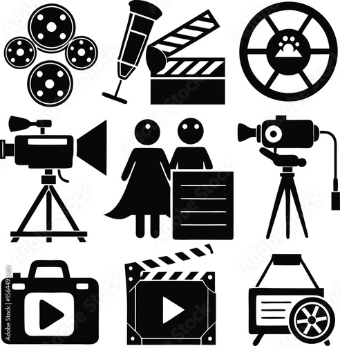 Black and White Film Production Icons: Movie Camera, Clapperboard, Film Reel, and Crew Silhouettes