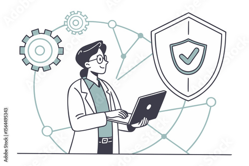 Scientist with laptop interacts with digital network and security shield symbolizing data protection and technological advancement
