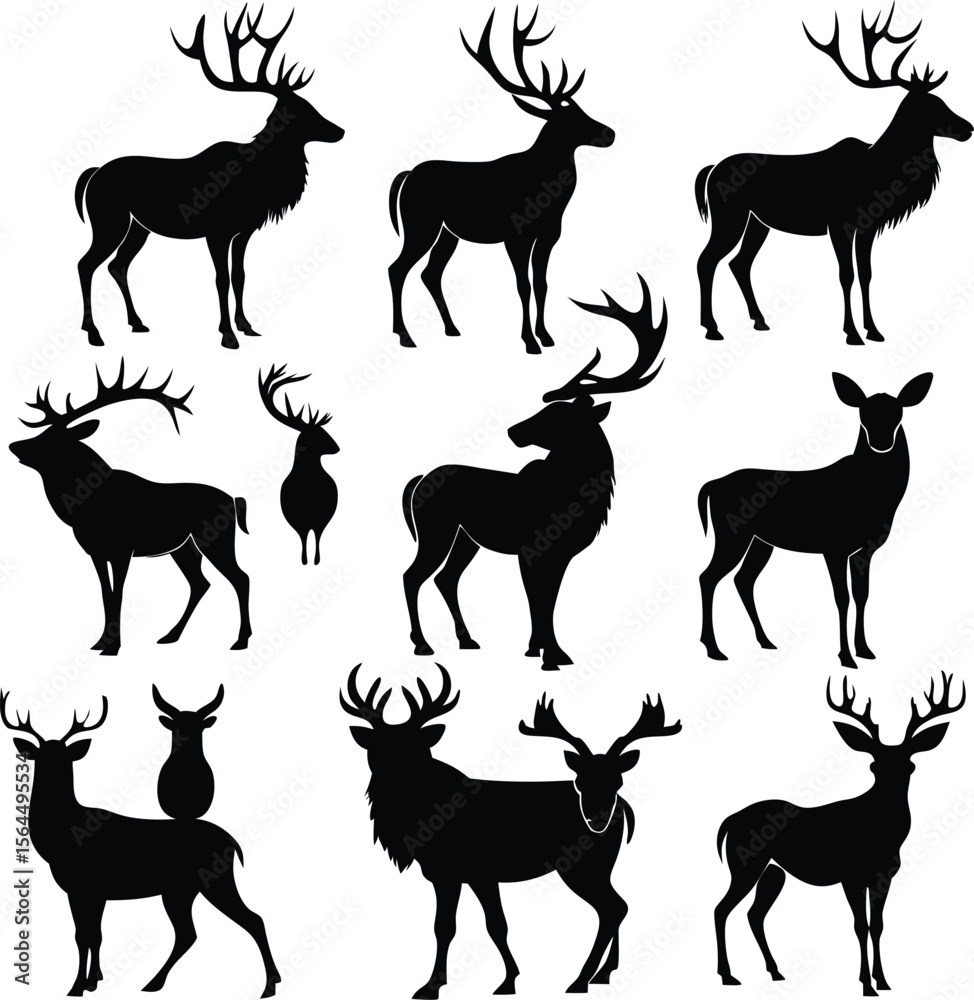 Fototapeta premium Deer Silhouettes Vector Graphics: Antlered Buck Illustrations for Design Projects
