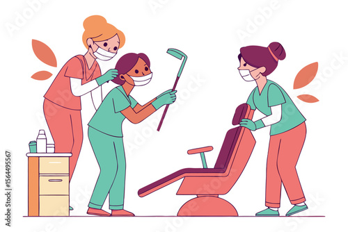 Three diverse cartoon dentists in masks and scrubs collaborate in a dental office setting preparing for patient care with dental tools and equipment