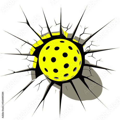 Pickleball breaking through cracked wall illustration, Vibrant digital illustration of a yellow pickleball smashing through a cracked surface, symbolizing sports action, energy, and impact.

