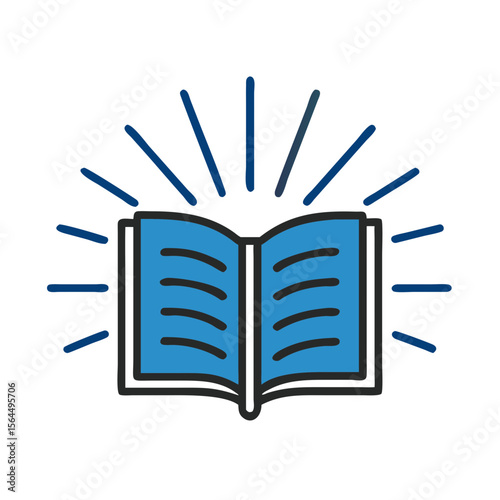 Open book with rays illuminating from pages in flat design  