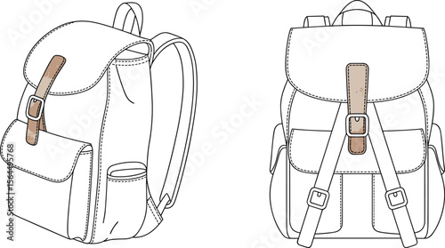 Technical line art of casual backpacks with leather strap, front and side view, minimal sketch, clean outline, student bag design