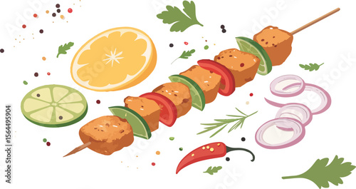 Tandoori Chicken vector design, Chicken Skewer vector design, Grill chicken in white background vector design